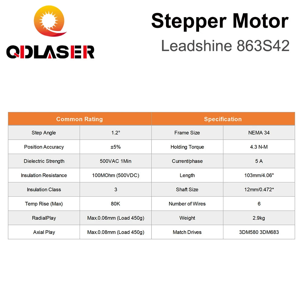 QDLASER Leadshine 863S42 3 Phase Stepper Motor for NEMA34 4.3A Length 103mm  (4.06 Inch) Shaft 12mm (0.472 Inch)