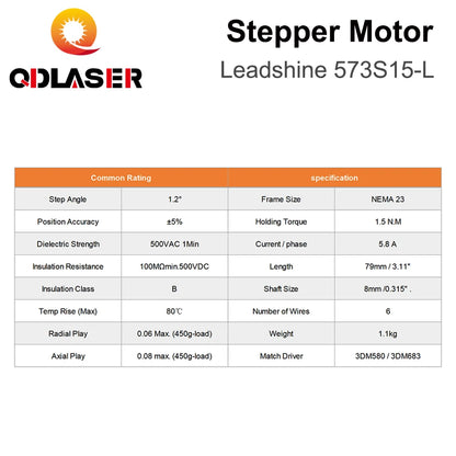 QDLASER Leadshine 573S15-L 3 Phase Stepper Motor for NEMA23 5.8A Length 76mm Shaft 8mm