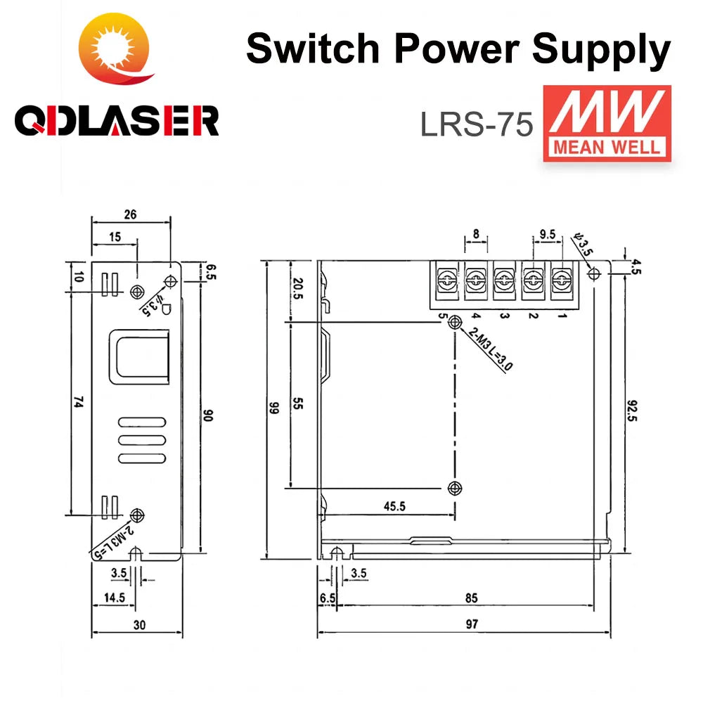 QDLASER Mean Well LRS-75 Series Single output Switching Power Supply 5V 14A / 12V 6A / 24V 3.2A  75W for Laser Controller