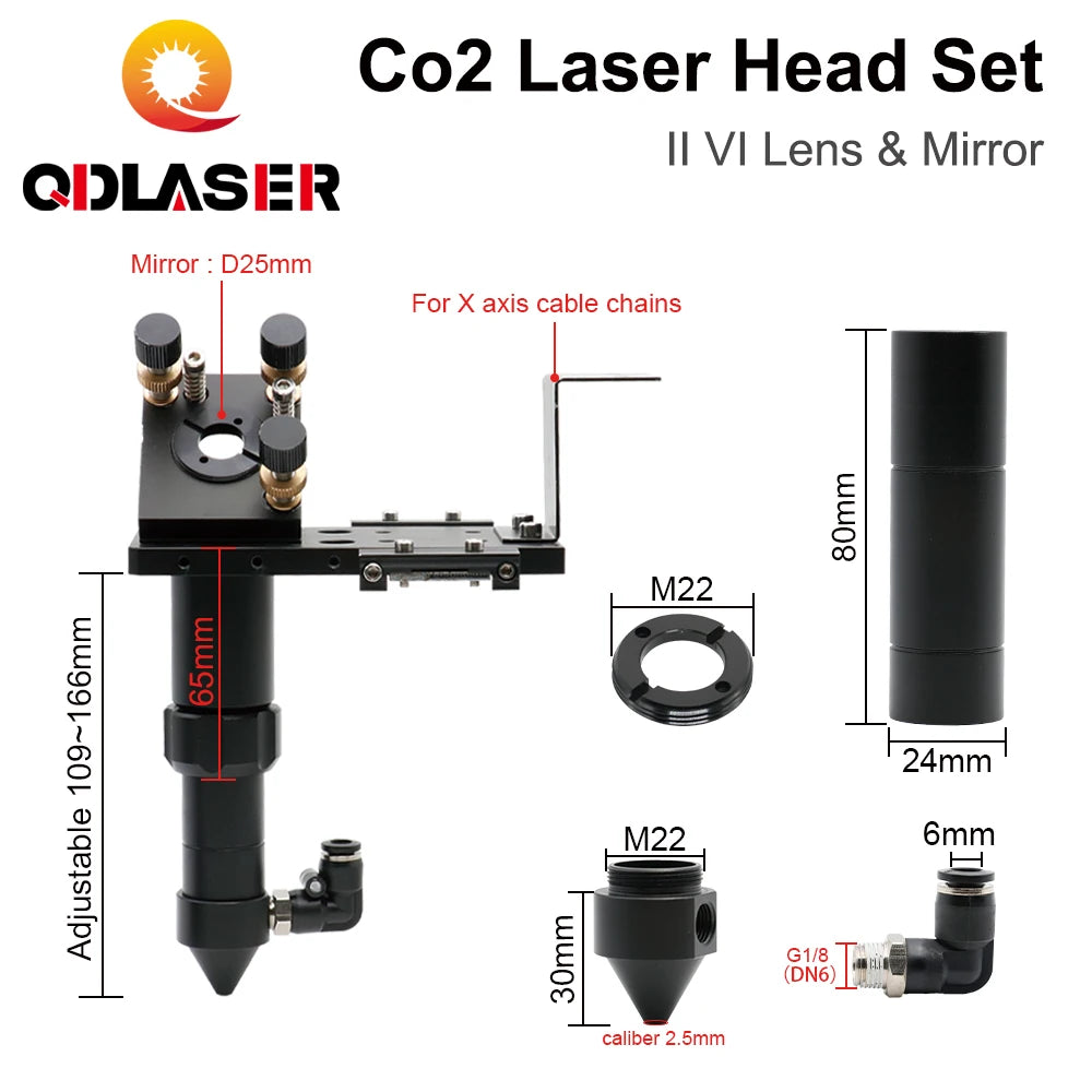 QDLASER CO2 Laser Head Set II VI Lens&Mirror D20 FL50.8  63.5  101.6mm with 25mm Mirrors for Co2 Laser Engraving Machine
