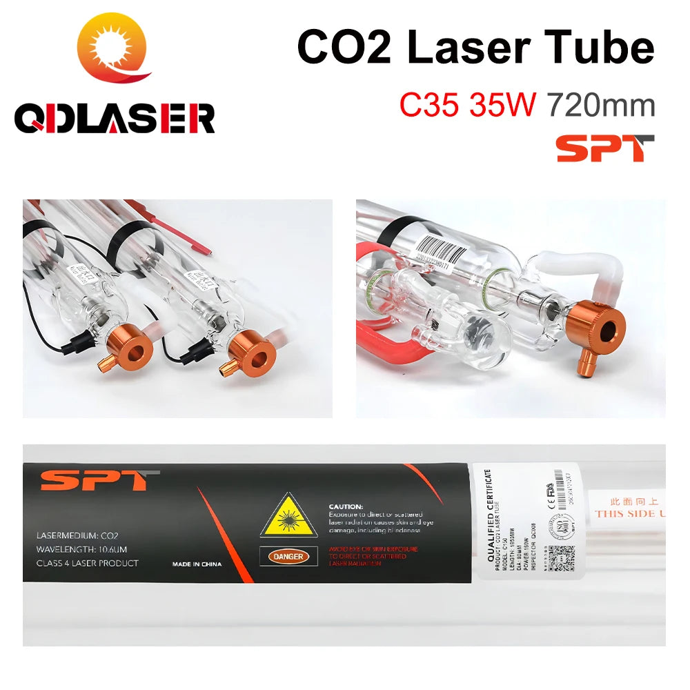 QDLASER SPT C35 35W CO2 Laser Tube Upgraded Metal Head Length 720mm Diameter 50mm for CO2 Laser Engraving and Cutting Machines