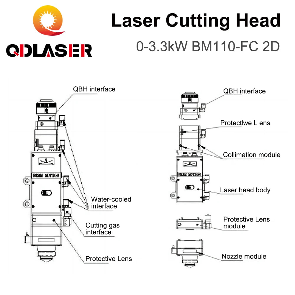 QDLASER Raytools Laser Cutting Head BM110-FC2D 0-3.3kW Auto-Focus FL125/155/200mm for Laser Cutting Machine