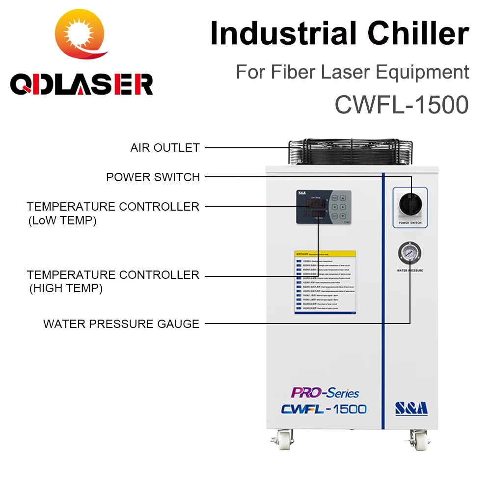 QDLASER CWFL-1500 S&A Industry Air Water Chiller AC 220-240V Voltage 50/60Hz for Fiber Laser Engraving Cutting Machine