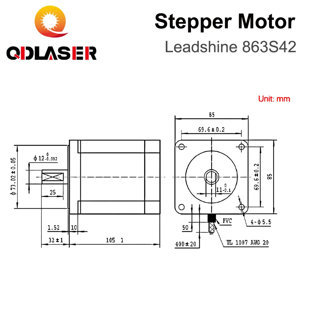 QDLASER Leadshine 863S42 3 Phase Stepper Motor for NEMA34 4.3A Length 103mm  (4.06 Inch) Shaft 12mm (0.472 Inch)