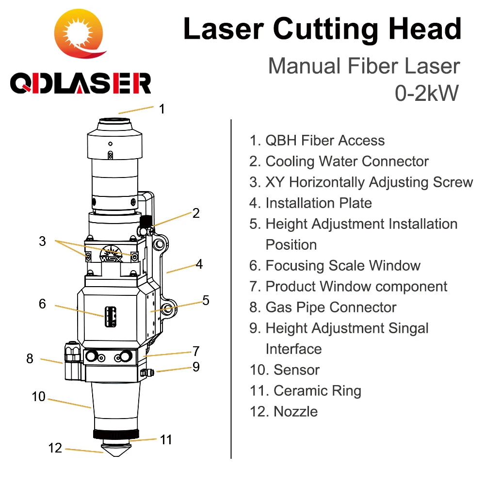 QDLASER WSX KC13 Fiber Laser Cutting Head F125/150/200mm Focusing Lens 0-2kw Manual Cutting Head 2000W QBH for Metal Cutting