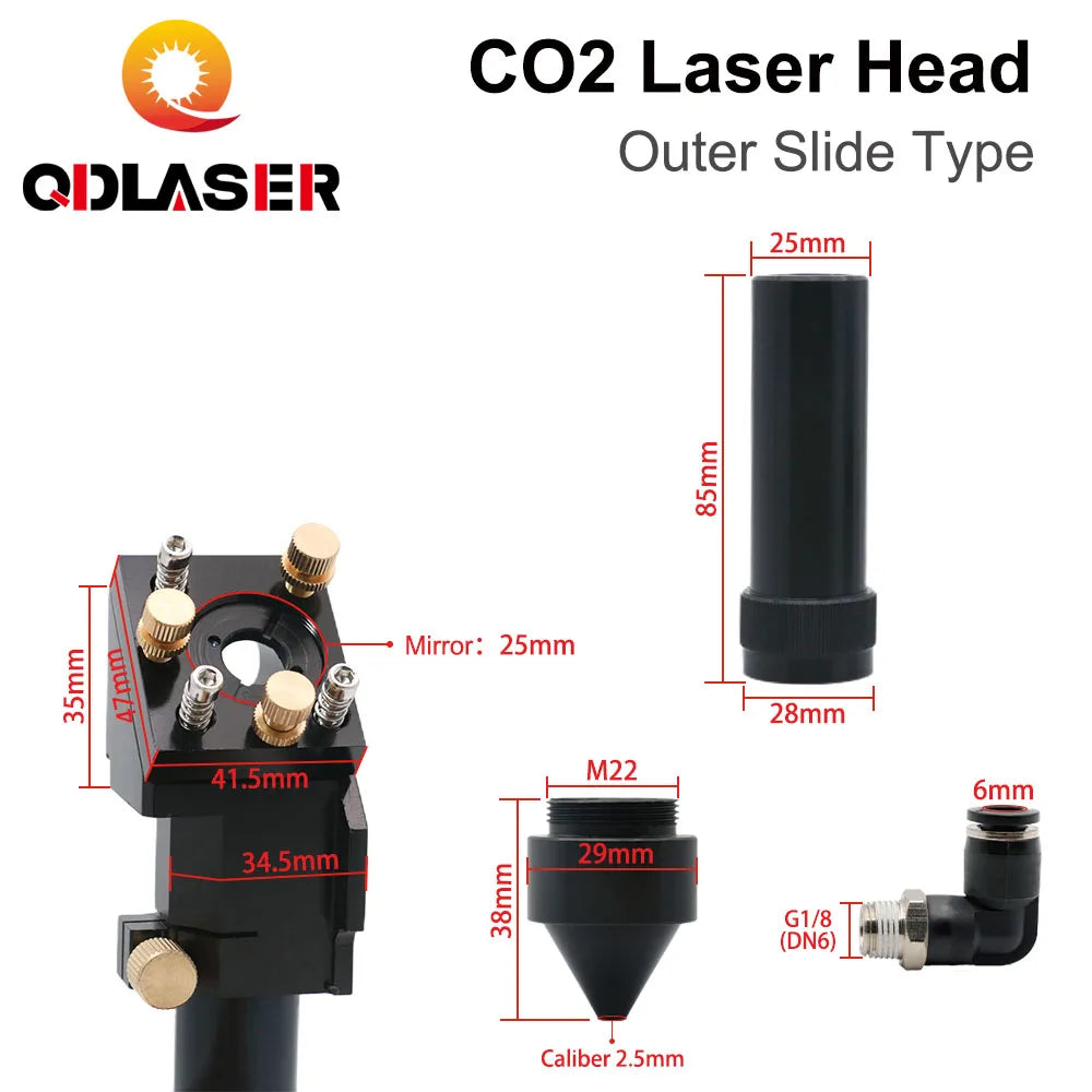 QDLASER New Arrival CO2 Laser Head for Dia.20mm FL 50.8/63.5mm Lens D25mm Mirror Outer Slider Type with Air Assist Nozzle