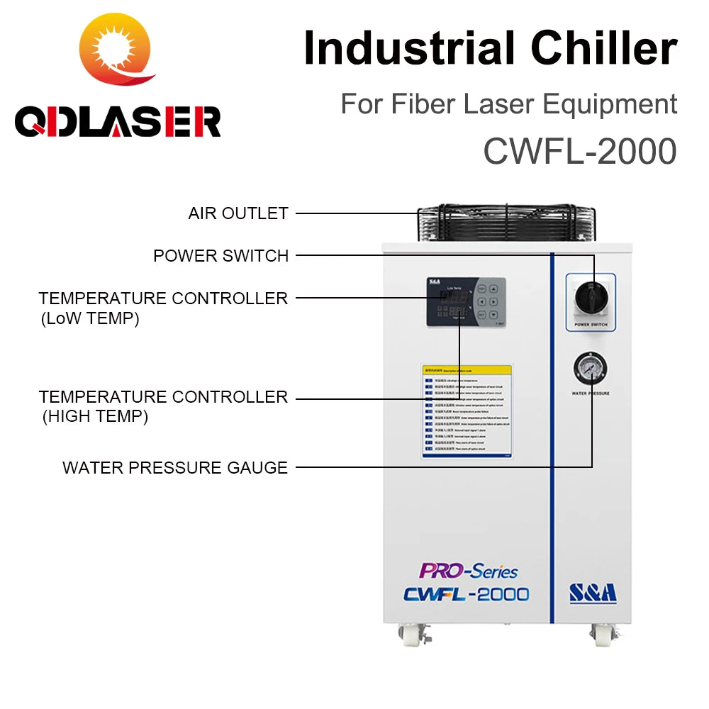QDLASER CWFL-2000 S&A Industrial Chiller 220-240V Voltage 50/60Hz 15L/min Rated Flow for Industrial Machine Water Cooling System