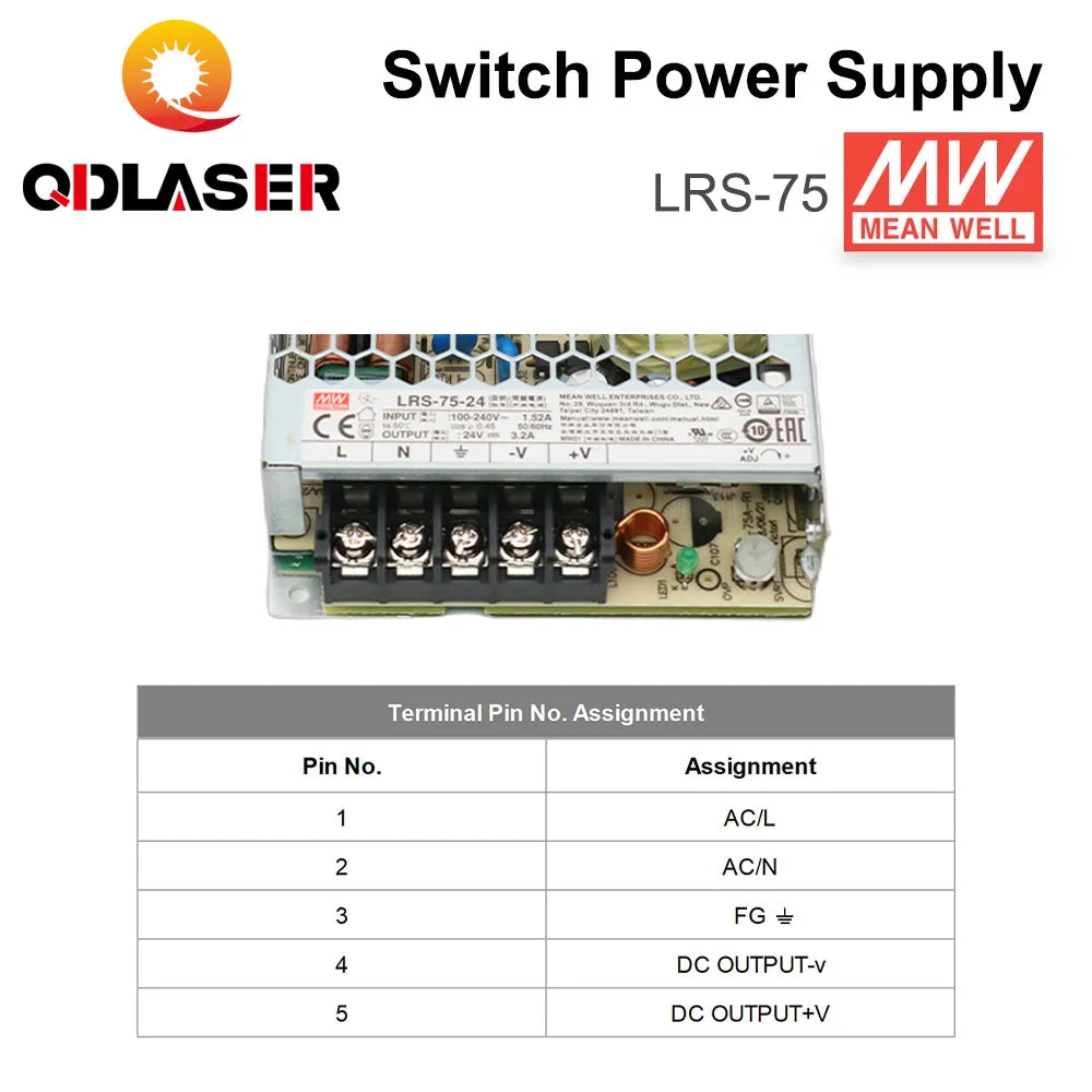 QDLASER Mean Well LRS-75 Series Single output Switching Power Supply 5V 14A / 12V 6A / 24V 3.2A  75W for Laser Controller
