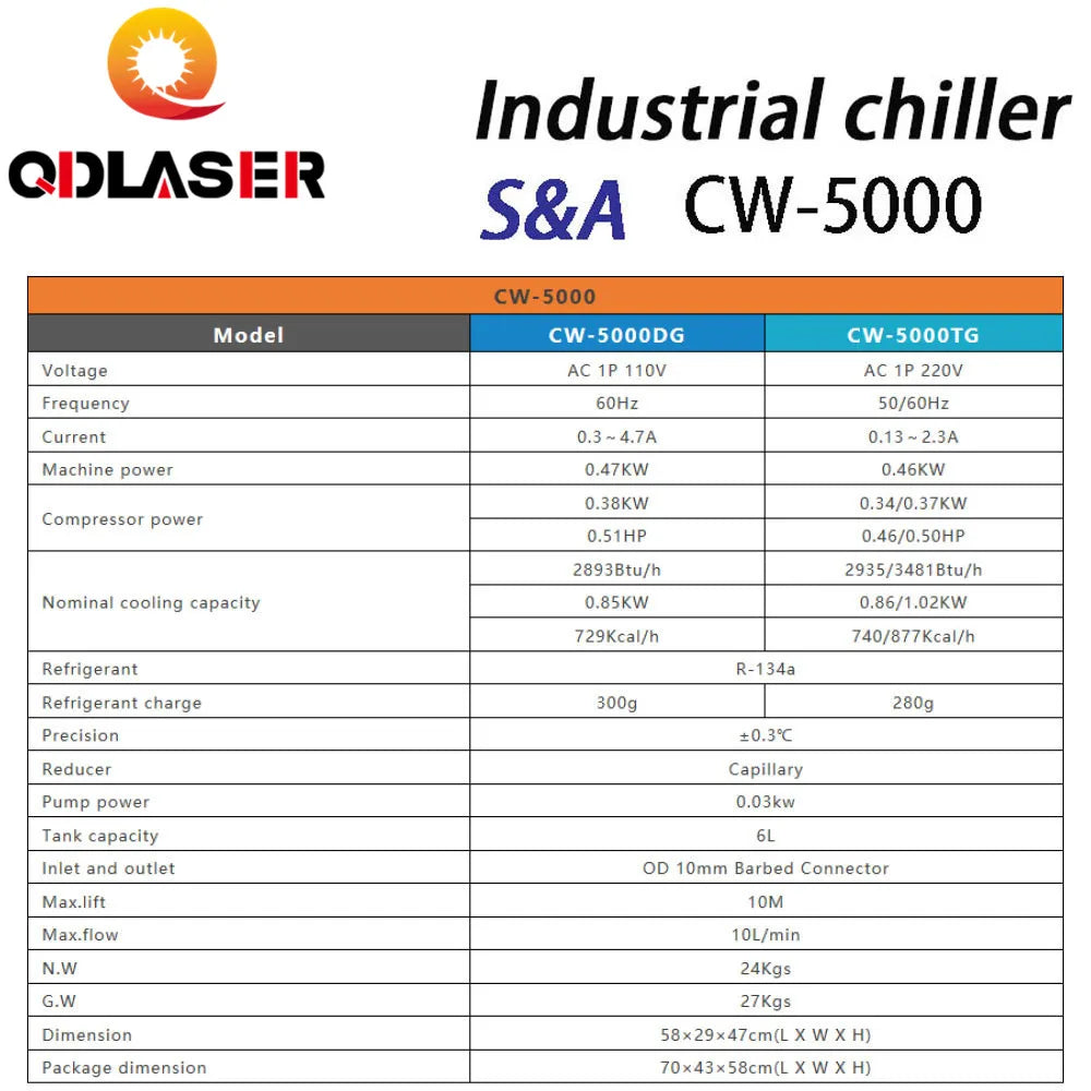 QDLASER CO2 Glass Chiller CW-5000 Water Chiller System Cooling Chiller