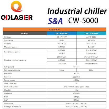 QDLASER CO2 Glass Chiller CW-5000 Water Chiller System Cooling Chiller