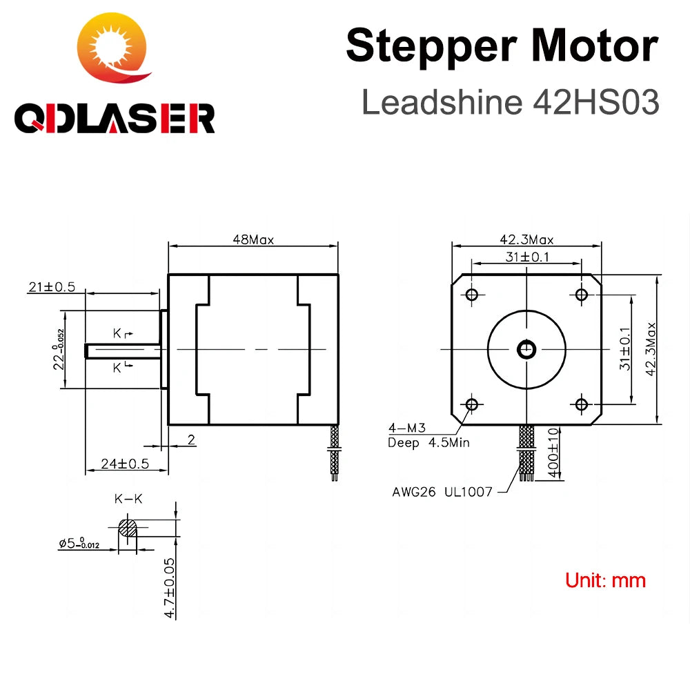 QDLASER Leadshine 42HS03 2 Phase Stepper Motor 0.7A 0.47NM 48mm Length Shaft 8mm for Co2 Laser Machine CNC 3D Print Machine