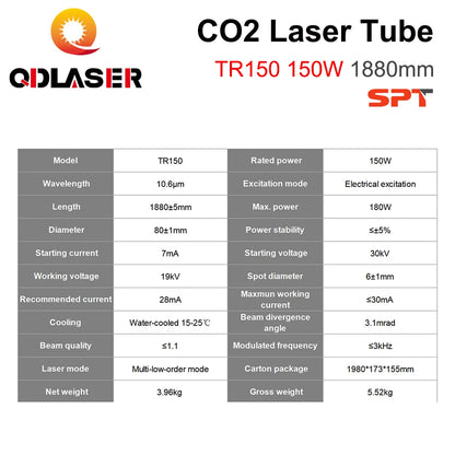 QDLASER SPT TR150 150-180W Co2 Laser Tube Length 1880mm Dia.80mm for CO2 Laser Engraving and Cutting Machine