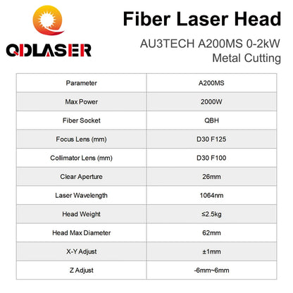 QDLASER Metal Fiber Cutting Head AU3TECH A200MS 0-2kW Automatic Focusing QBH For laser fiber cutting machines