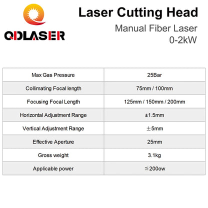 QDLASER WSX KC13 Fiber Laser Cutting Head F125/150/200mm Focusing Lens 0-2kw Manual Cutting Head 2000W QBH for Metal Cutting