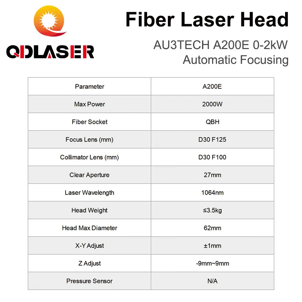 QDLASER Fiber Laser Head 0-2KW AU3TECH A200E Automatic Focusing D30 CL100 FL125 for Laser Cutting Machine