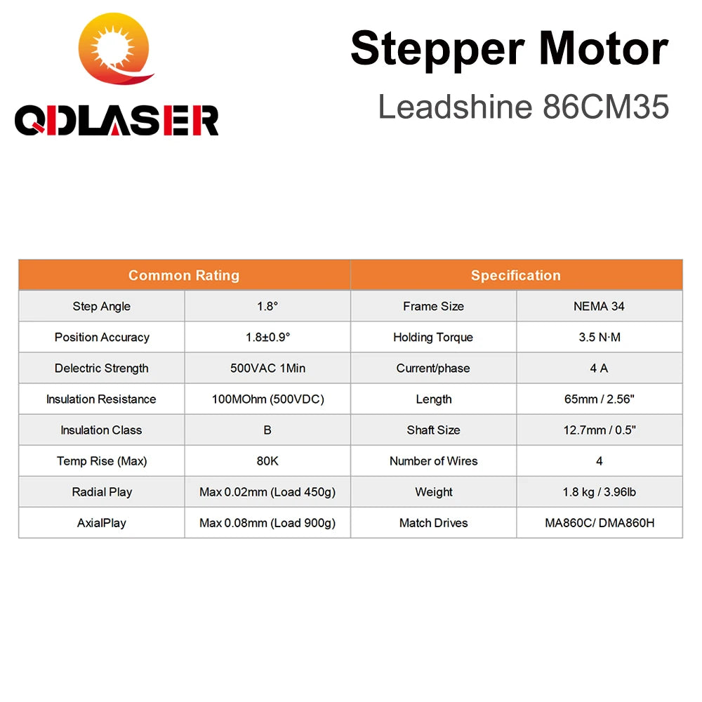 QDLASER Leadshine 86CM35 2 Phase Stepper Motor for NEMA34 4A Length 65mm  (2.56 Inch) Shaft 12.7mm (0.5 Inch)