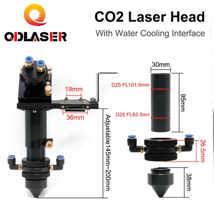 QDLASER CO2 Laser Head Set with Water Cooling Interface Mirror Dia. 30 / Lens Dia. 25 FL 63.5&101.6 Integrative Mount Holder
