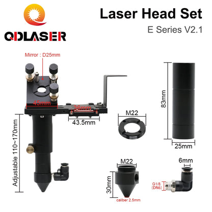 QDLASER CO2 Laser Head Set E Series Laser Head + 1 Pcs Focusing Lens + 3 Pcs Si / Mo Mirrors for Engraver Cutting Machine Parts