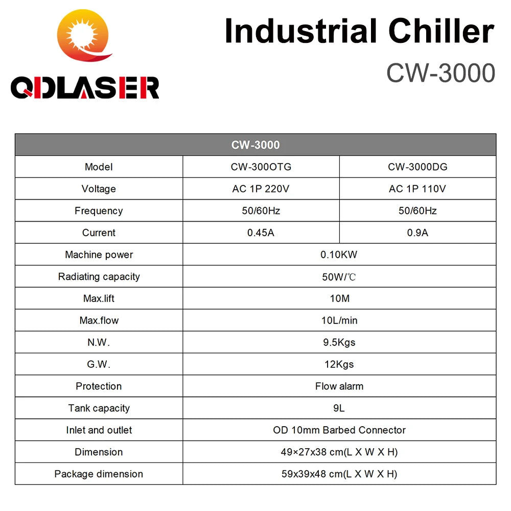 QDLASER CW3000 S&A Industrial Water Chiller for CO2 Laser Engraving Cutting Machine Cooling 60W 80W Laser Tube DG110V AG220V