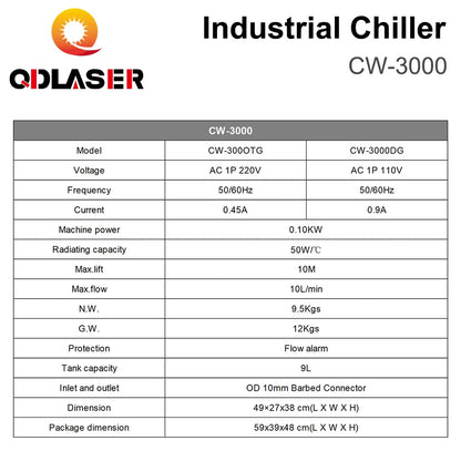 QDLASER CW3000 S&A Industrial Water Chiller for CO2 Laser Engraving Cutting Machine Cooling 60W 80W Laser Tube DG110V AG220V