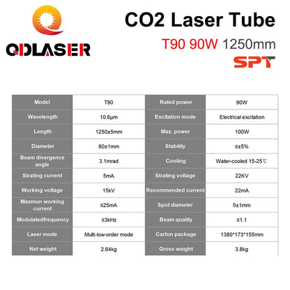 QDLASER SPT T90 90-100W CO2 Laser Tube, Length 1250mm, Dia 80mm for CO2 Laser Engraving and Cutting Machines