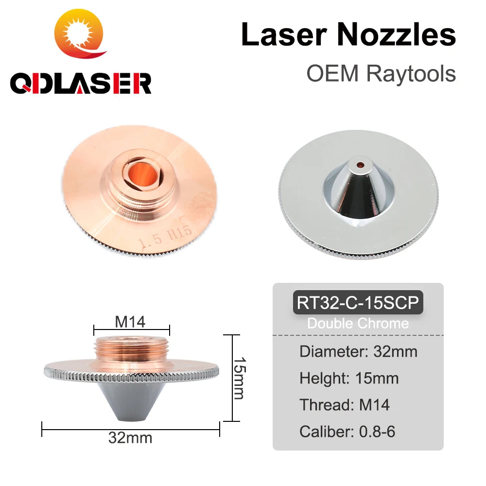 QDLASER C Type TQ Laser nozzles Dia.32 H15 Single Layer Chrome-Plated Double Layers Caliber 0.8-5.0mm for Cutting Head