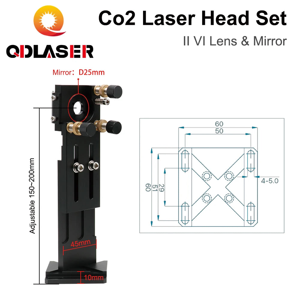 QDLASER CO2 Laser Head Set II VI Lens&Mirror D20 FL50.8  63.5  101.6mm with 25mm Mirrors for Co2 Laser Engraving Machine