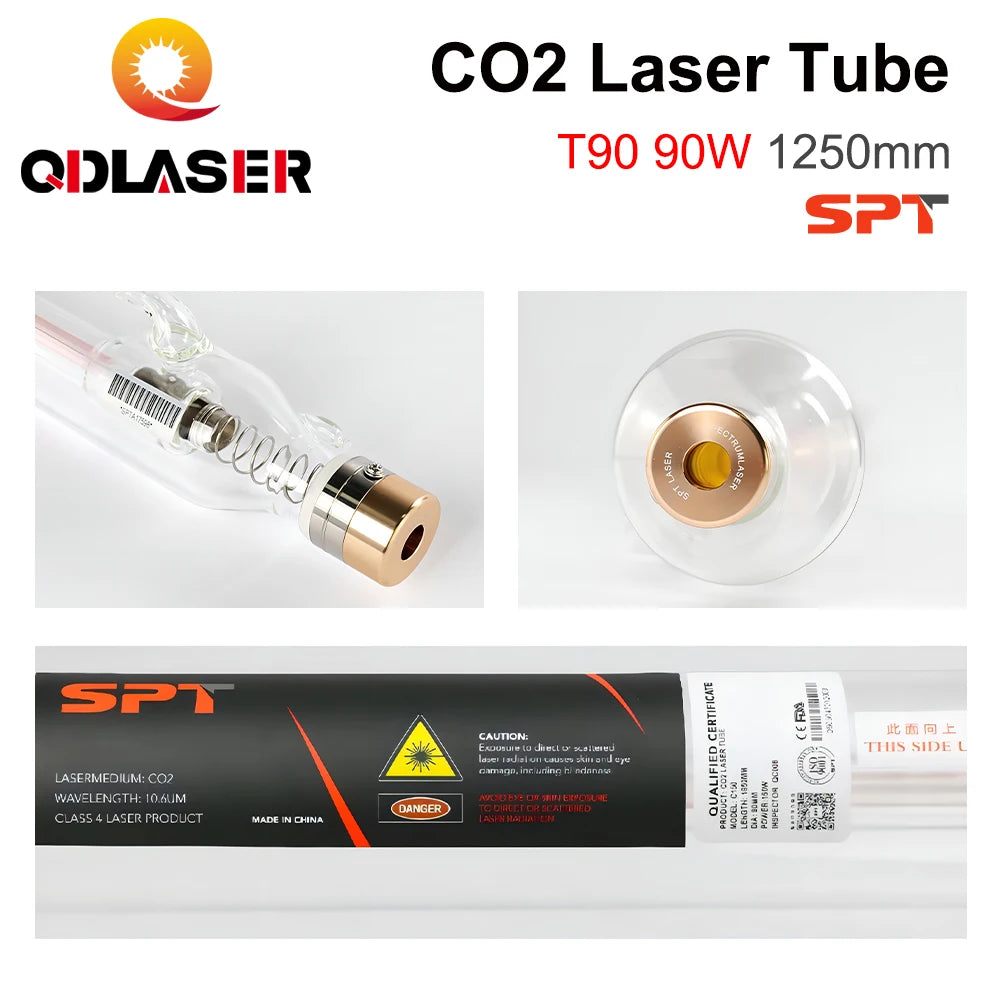 QDLASER SPT T90 90-100W CO2 Laser Tube, Length 1250mm, Dia 80mm for CO2 Laser Engraving and Cutting Machines