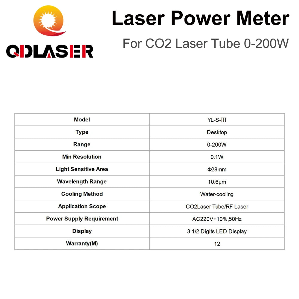 QDLASER Benchtop Power Meter YL-S-III 0-200W Meter Test Range 0-200W Use Wavelength 10.6um Voltage AC 220V for CO2 Laser Tubes