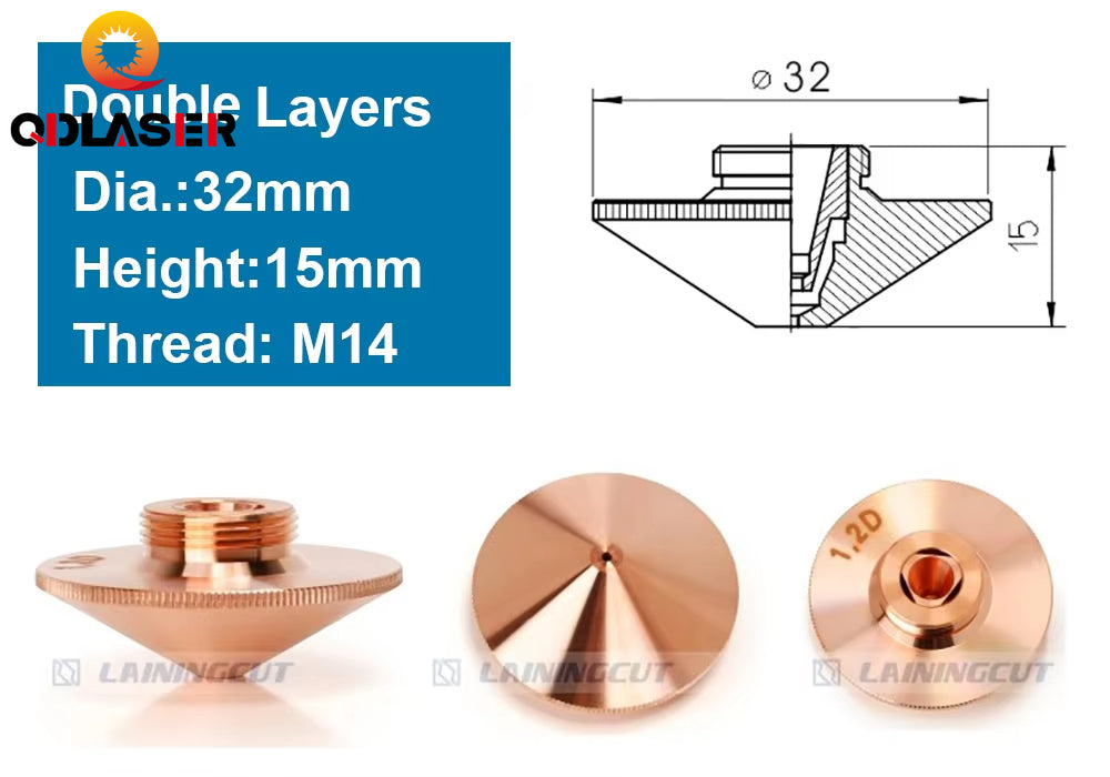 QDLASER OEM Double Layers Laser Nozzle Dia.32mm H15 M14 Caliber 0.8 - 4.0 for Precitec 1064nm Fiber Laser Cutting Head Machine