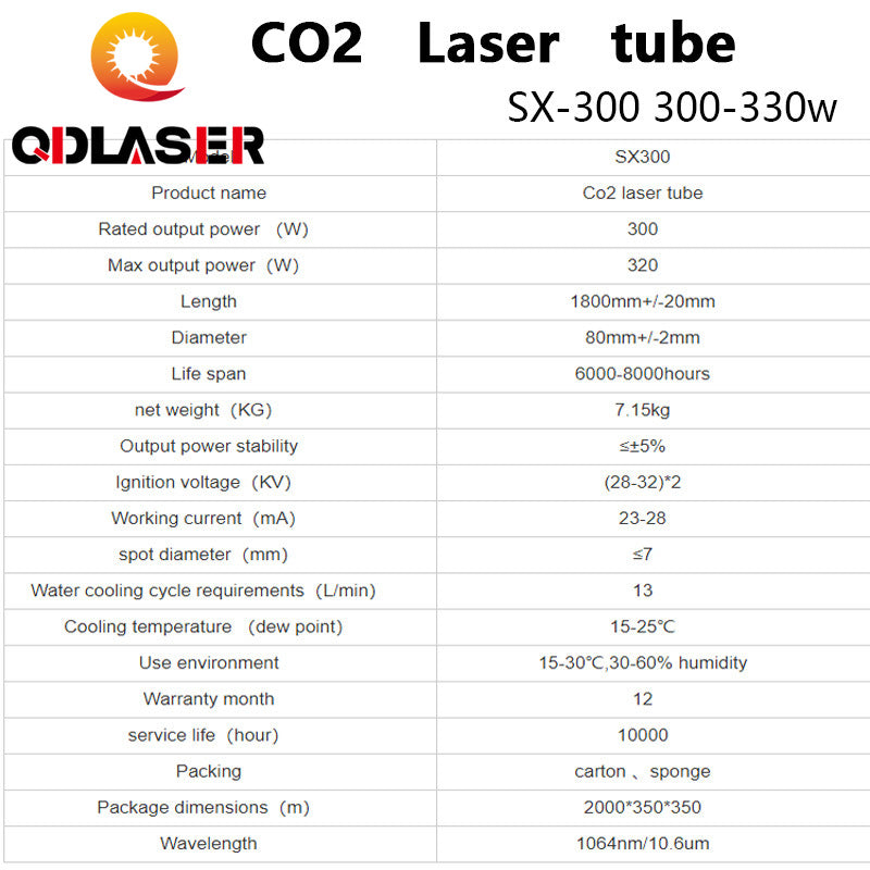 JOYLASER Co2 Laser Tube SX300 300w 1800mm Glass Tube for Co2 Laser Engraving and Cutting Machine