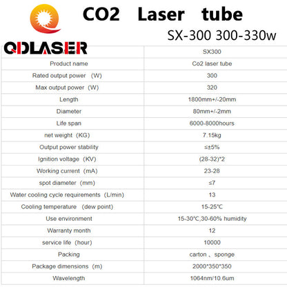JOYLASER Co2 Laser Tube SX300 300w 1800mm Glass Tube for Co2 Laser Engraving and Cutting Machine