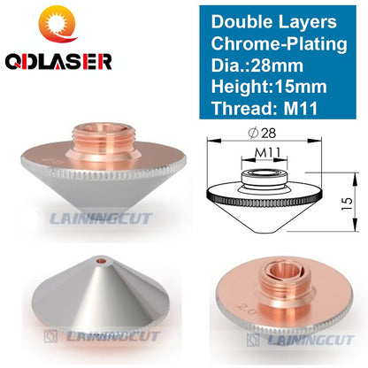 QDLASER Laser Nozzle Double Layers Chrome-plating Dia.28mm Caliber 0.8 - 4.0 OEM Precitec FIBER Cutting Head