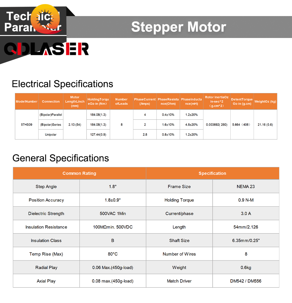 QDLASER Leadshine 57HS09 2 Phase Stepper Motor NEMA23 3.0A 0.9NM Length 55mm Shaft 6.35mm for Co2 Laser Engraving Machine