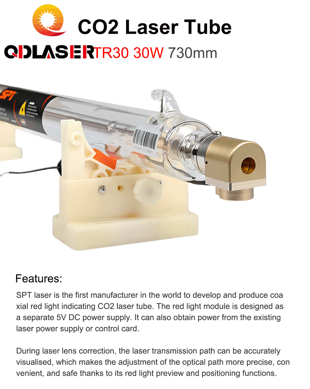 QDLASER SPT TR30 30-40W Co2 Laser Tube Length 730mm Dia.50mm for CO2 Laser Engraving And Cutting Machine