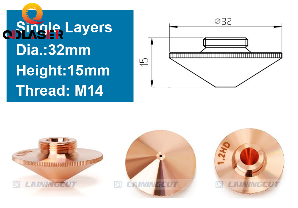 QDLASER Laser Nozzle Single Layer Dia.32mm Caliber 0.8 - 4.0HD for Raytools Empower 1064nm FIBER Laser Cutting Head