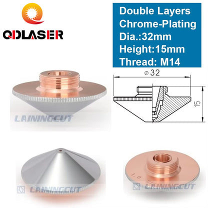 QDLASER OEM Double Layers Laser Nozzle Dia.32mm H15 M14 Caliber 0.8 - 4.0 for Precitec 1064nm Fiber Laser Cutting Head Machine
